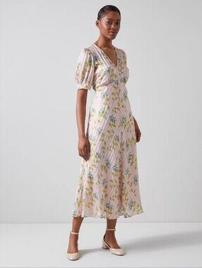 L.K. BENNETT Leith Cream Valerian Flower Silk Metallic Stripe Dress